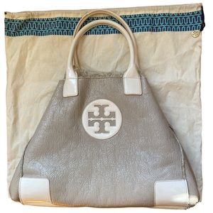 Tory Burch Ella Crinkle Patent Leather Shearling Lined Tote Bag